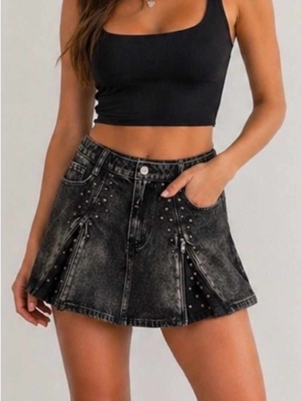 AKIRA Black Denim Studded Mini Skirt Zipper Detail Y2K | S & L